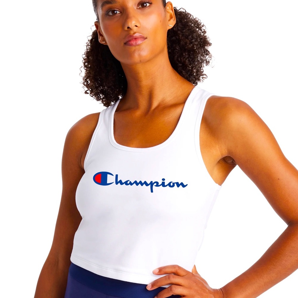 Champion White and Blue Authentic Crop Tank Top Script Logo
